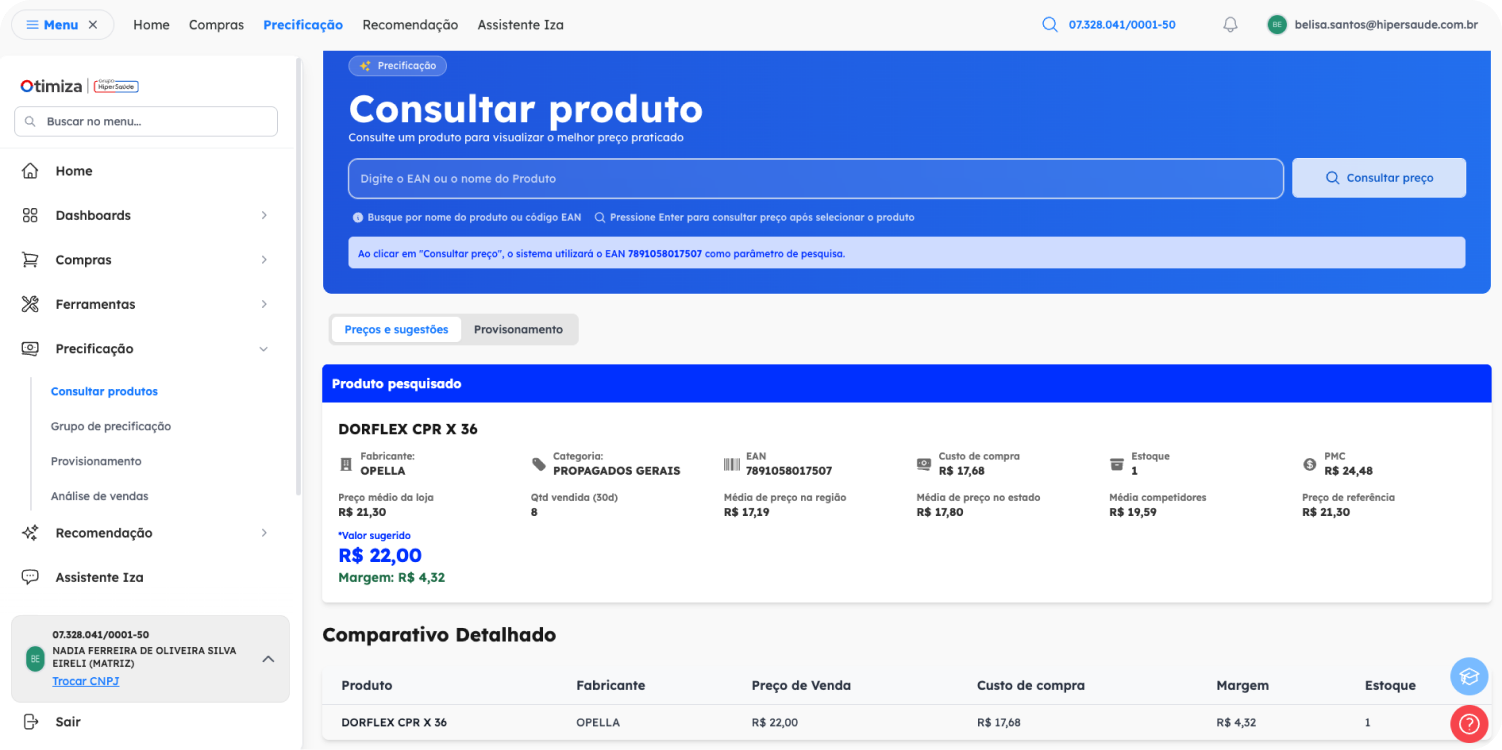 Tela de precificação inteligente no Otimiza